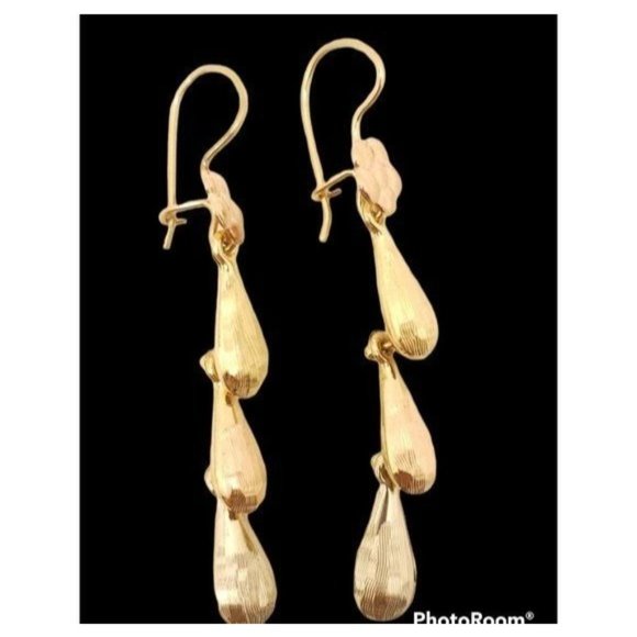 Real 14K Yellow, Rose & White Gold Hollow 3 Teardrops Hanging Earring womens